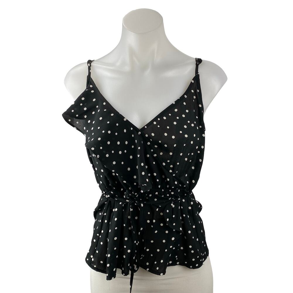 JACK by BB Dakota Black Polka Dots Sleeveless Ruffle Wrap Peplum Blouse Top S